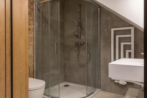 a bathroom with a shower with a toilet and a sink at Royal Hill Residence in Zakopane
