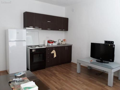 a kitchen with a refrigerator and a table with a tv at Ristevski Apartment in Bitola