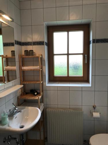 ein Bad mit einem Waschbecken und einem Fenster in der Unterkunft Tuschnhof in Rinn