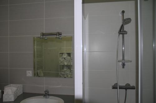 Le FiedにあるGîte de La Saugiatのバスルーム(シャワー、シンク、鏡付)