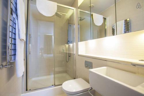 een badkamer met een douche, een toilet en een wastafel bij Grande Central in Dublin