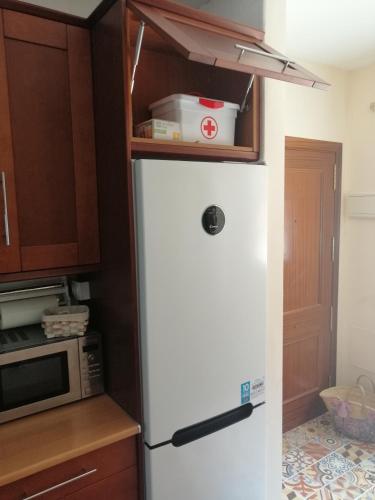 a white refrigerator in a kitchen next to a microwave at Urbanización Manilva Beach 21 in Manilva