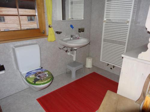 een kleine badkamer met een wastafel, een toilet en een wastafel bij Bellahof in Flumserberg