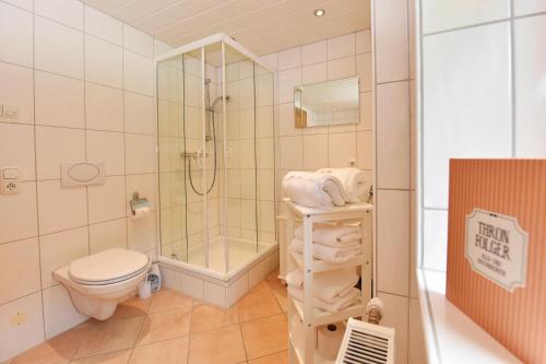 ein Bad mit einem WC, einer Dusche und einem Waschbecken in der Unterkunft Haus Ida in Schruns-Tschagguns