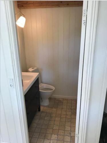 a bathroom with a white toilet and a sink at Sommerhus i idylliske omgivelser in Veksø