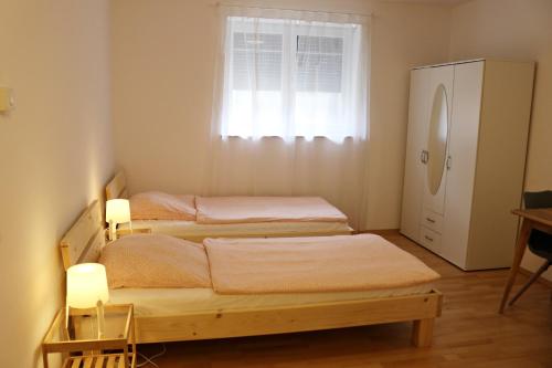 two beds in a small room with a window at Fewo Burgunder in Hanhofen