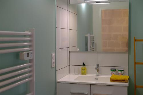 une salle de bain avec un lavabo et un miroir dans l'établissement Duplex de charme quartier Opéra Graslin, à Nantes