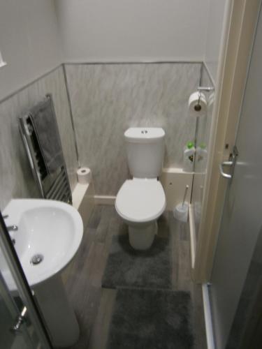 a bathroom with a white toilet and a sink at The Barn - Ilkeston - 1 Bedroom Flat, 2 Beds, Close to M1-A52 Long Eaton - Nottingham - Derby - Derbyshire - 400Mbs WiFi Free Parking! in Ilkeston