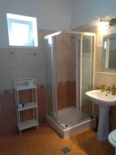 a bathroom with a shower and a sink at Viky Apartment in Satu Mare