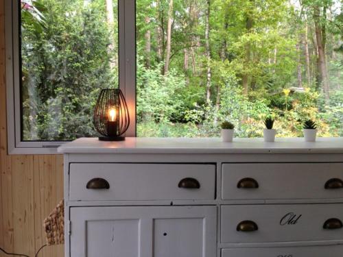 a lamp sitting on top of a dresser in front of a window at Vakantiewoning De Kleine Duinberg - Chalet Nr 11 in Retie