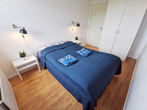 a bedroom with a bed with two blue pillows on it at A Green Pearl in the Heart of Tórshavn in Tórshavn