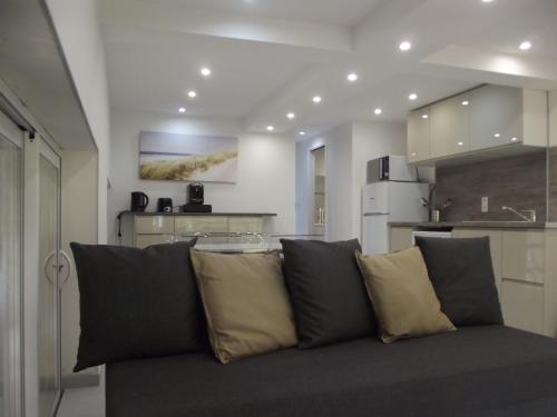 un salon avec un canapé et une cuisine dans l'établissement P2 CABINE - LA GRANDE-MOTTE, à La Grande Motte