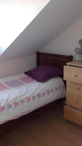 a bedroom with a bed with purple pillows and a dresser at Chez Ghislaine in Verdun