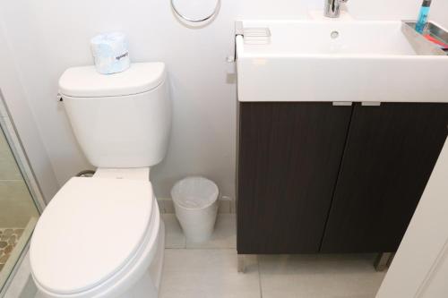 a bathroom with a white toilet and a sink at A Stylish Stay w/ a Queen Bed, Heated Floors.. #23 in Brookline