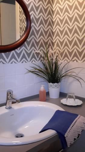 a bathroom sink with a potted plant and a mirror at Casatitta Bed & Breakfast in Milan