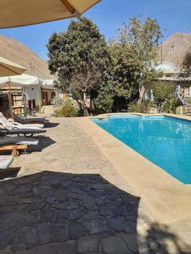 una piscina en un patio con sillas y árboles en Hotel El Milagro, en Pisco Elqui