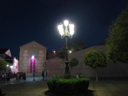 a street light in front of a building at night at Apartamentos Venta Don Quijote in Almagro