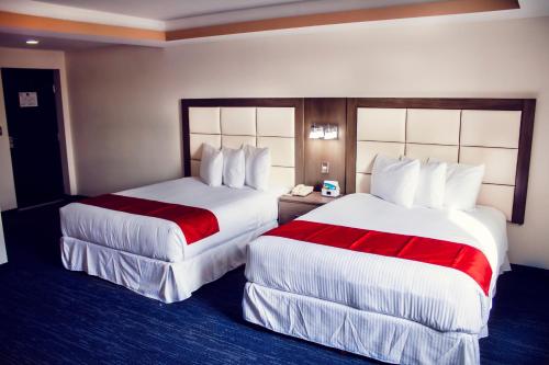 Habitación de hotel con 2 camas con sábanas rojas y blancas en Hotel ALO! Express en Torreón