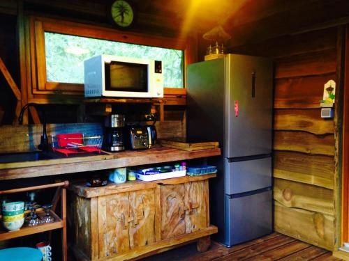 a kitchen with a refrigerator and a microwave at West Indies Cottage in Pointe-Noire