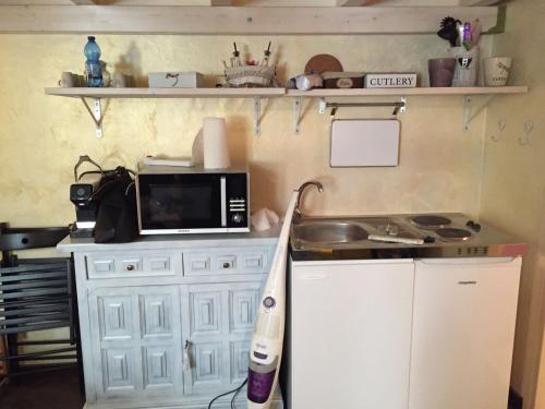 una cucina con forno a microonde e lavandino di Le petite fleur a Verbania