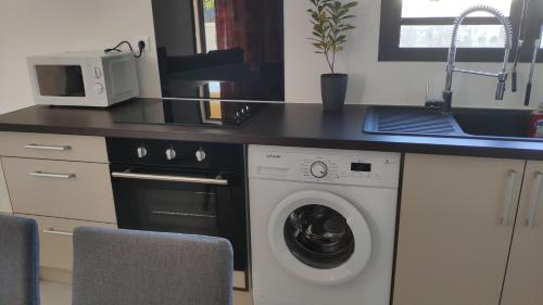 a kitchen with a washing machine and a microwave at Le Shanti - la paix in Ravine des Cafres-les Bas