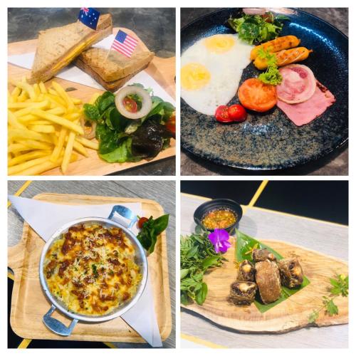 a collage of four different pictures of breakfast foods at Cicada Lanta in Ko Lanta