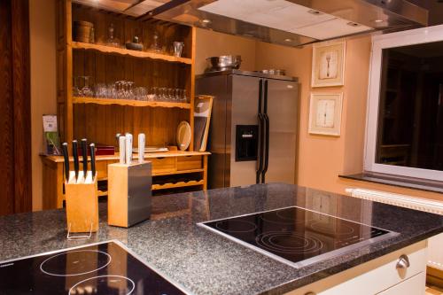 a kitchen with a counter top with a refrigerator at Dolce Villa Pool and Wellness in Francorchamps