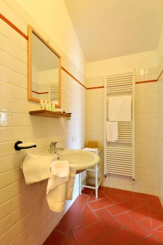 a bathroom with a sink and a mirror and towels at Agriturismo Podere San Michele in San Vincenzo