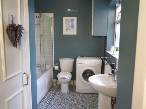 a bathroom with a toilet and a washing machine at Garden Flat, Ealing in Ealing