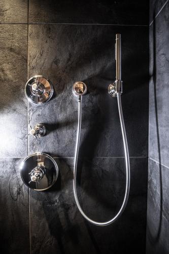 a shower in a bathroom with two faucets at Chalet Cogolara in Colfosco