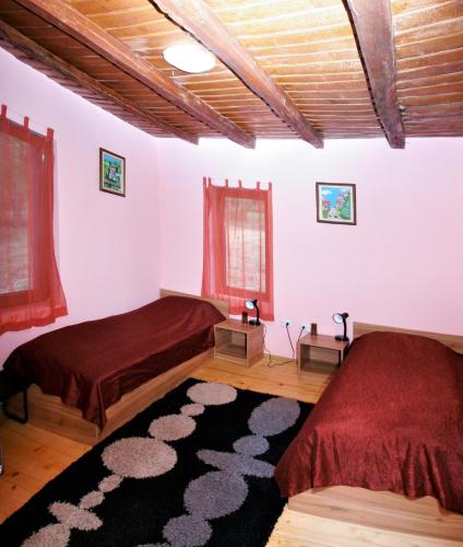 a bedroom with two beds and a rug at Chuchi Guest House 1 in Zlatna Panega