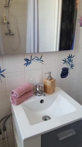 - un lavabo avec une serviette rose et un miroir dans l'établissement Nice Centre Studio Proche Mer, à Nice