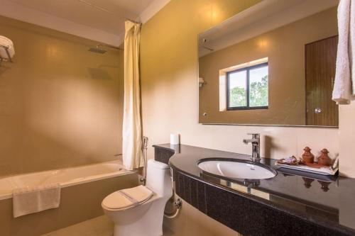 a bathroom with a sink and a toilet and a mirror at Landmark Forest Park in Sauraha