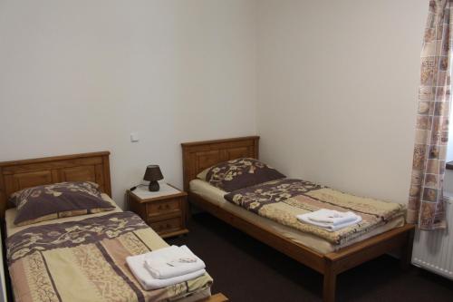 two twin beds in a room with a lamp at Relax pension Schonwald in Budišov nad Budišovkou