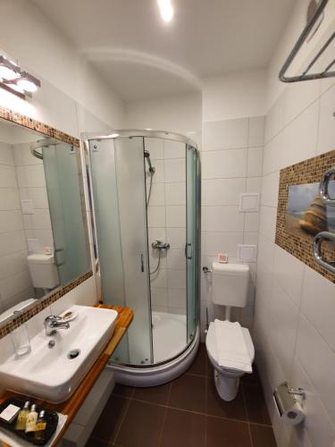 uma casa de banho com um chuveiro, um lavatório e um WC. em AmberSeason Hotel em Zelenogradsk