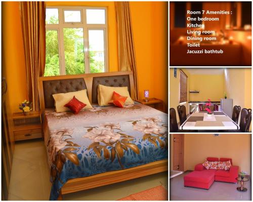two pictures of a bedroom with a bed and a window at Niv Villa in Flic-en-Flac