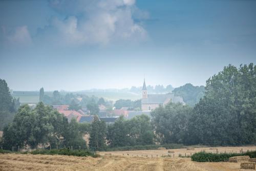 a view of a town with a church and trees at VELPE 55 in Bierbeek