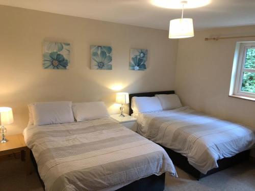 sypialnia z 2 łóżkami, 2 lampami i oknem w obiekcie Glendona Cottage w mieście Crumlin