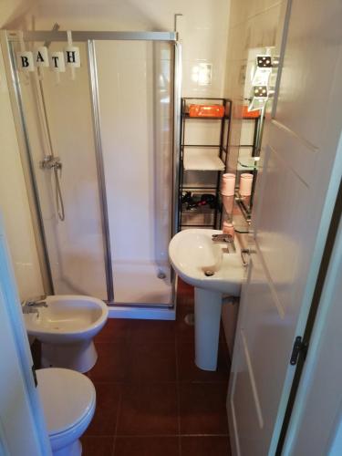 a bathroom with a shower and a sink and a toilet at Casa das Laranjeiras e parque infantil in Villa Nogueira