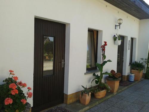 una porta d'ingresso di una casa con piante in vaso di Pension Fennert a Pritzwald