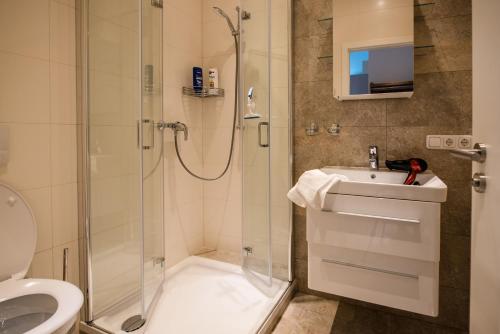 La salle de bains est pourvue d'une douche, d'un lavabo et de toilettes. dans l'établissement Ferienwohnung/Businessapartment, à Wolframs-Eschenbach