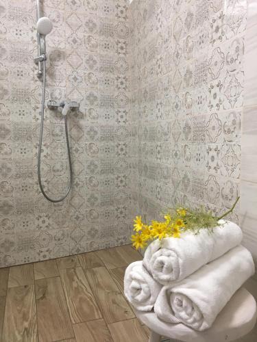 a bathroom with a shower with a toilet and towels at Várvölgy Vendégház - teljes ház, kizárólagos használattal in Veszprém