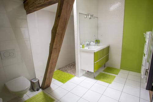 uma casa de banho com um lavatório e um WC em MAISON MAUPAS Chambre Rouge em Bellesserre