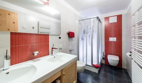 uma casa de banho com um lavatório, um WC e um chuveiro em Ciasa Roenn em Calfosch