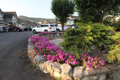 a flower bed with pink flowers in a street at Best Budget Inn & Suites Kamloops in Kamloops