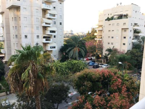 a view of a city with palm trees and buildings at Comfortable quiet room with a private bathroom in shared apartment in Tel Aviv