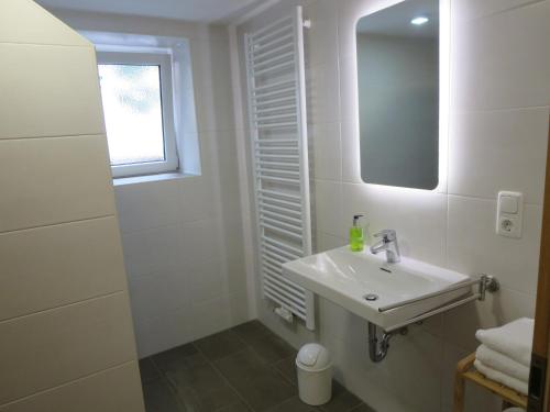 PretzfeldにあるFerienwohnung Schloßbergの洗面台と鏡のある白いバスルーム