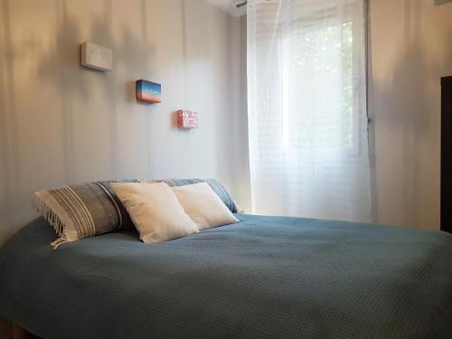 ein Bett mit zwei Kissen in einem Zimmer mit einem Fenster in der Unterkunft Hortensias in Toulouse