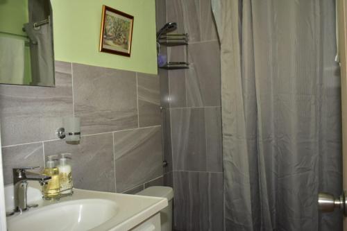 a bathroom with a shower curtain and a sink at Ambleside & Turtle beach towers in Ocho Rios