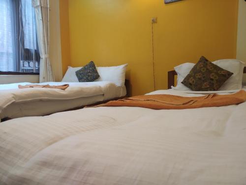 two beds sitting next to each other in a room at Golden Gate Guest House in Bhaktapur